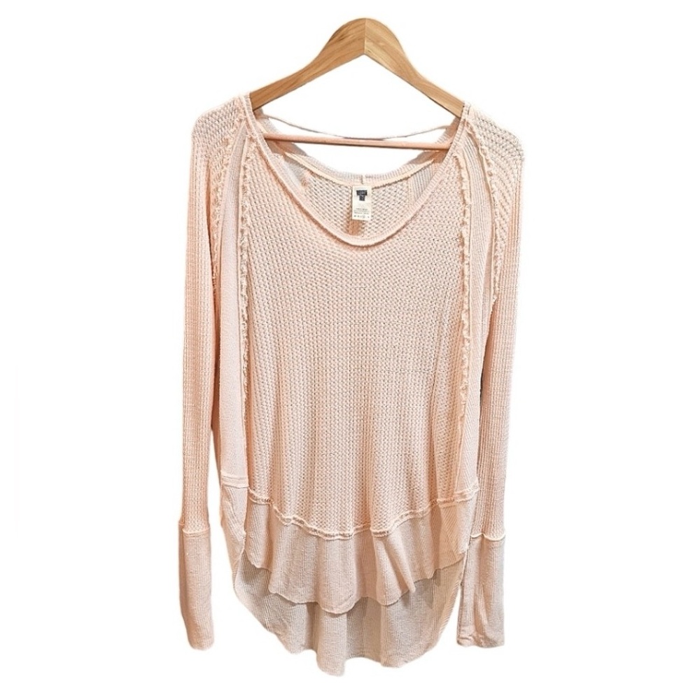 Free People Top Peach Catalina Thermal Scoop Neck Ribbed Long Sleeve Rayon M